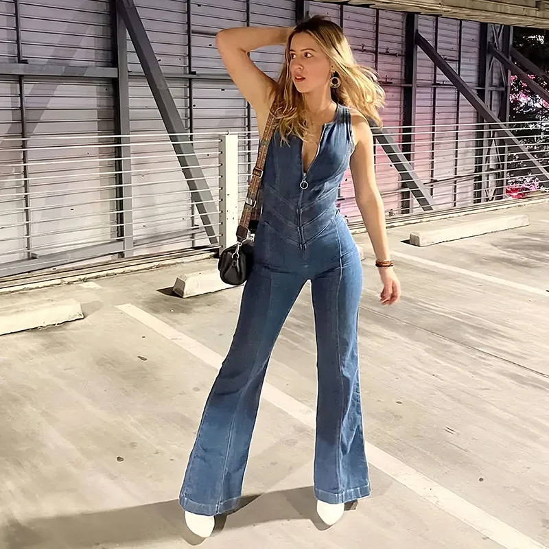 Summer 2024 sleeveless zipper high waisted denim jumpsuit for streetwear, heart-shaped backless retro women's denim workwear