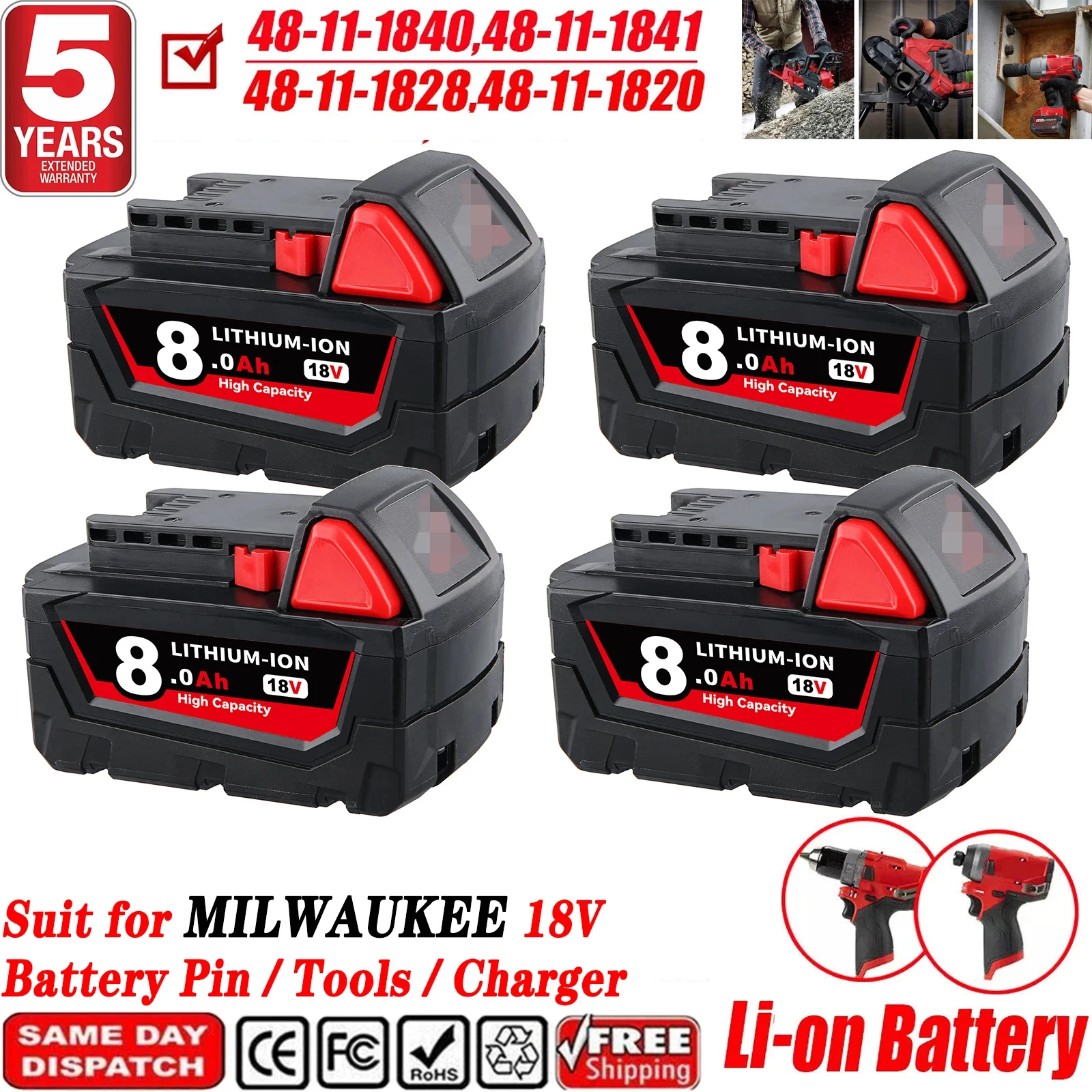 

1/2/4 шт. M18 8,0 Ач, замена для Milwaukee, 18 В, литий-ионный аккумулятор, штифт, совместимый с аккумуляторными инструментами 48-11-1850 48-11-1860 48-11-1865