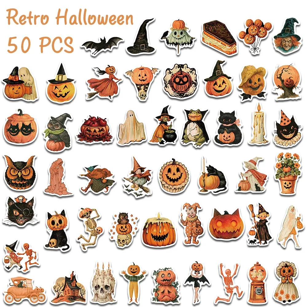 50 Stück Retro-Halloween-Aufkleber Vintage-Kürbis-Geister-Graffiti-Aufkleber für Laptop, Handy, Scrapbook, Tagebuch, DIY-Ästhetik-Aufkleber – Detail 7