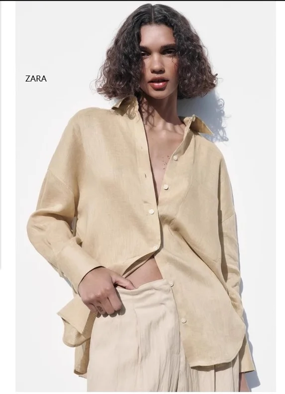 Femmes coupe ample longue Sve irt printemps automne nouveau Sle lin tissu col classique élégance polyvalent décontracté irt