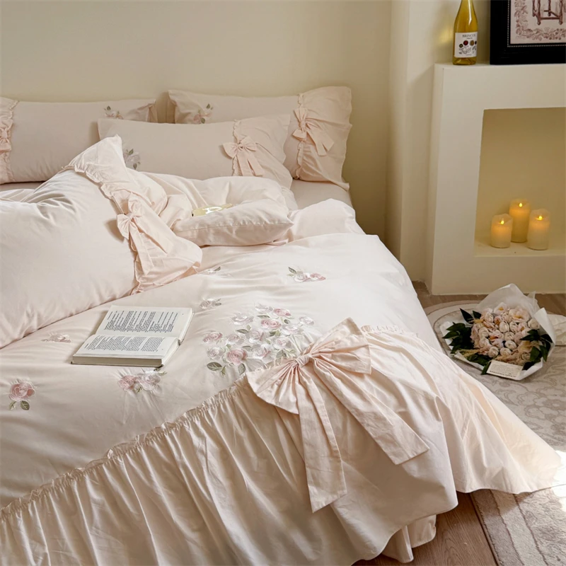 

100% Cotton Flowers Embroidery Large Ruffles Bow Princess Bedding Set Duvet Cover Bed Sheet/Fitted Sheet Pillowcases 4Pcs