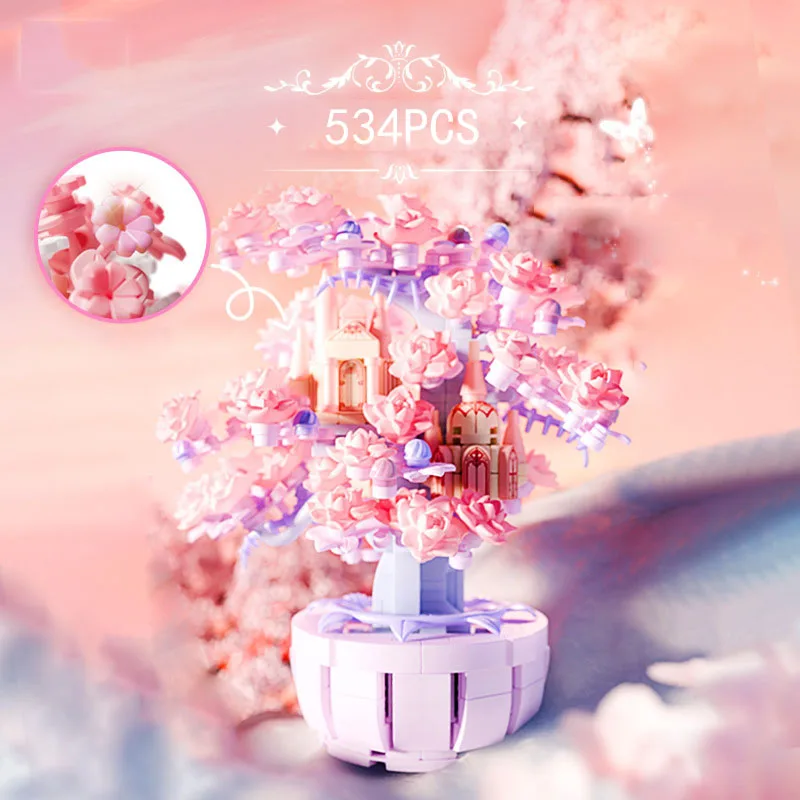 Architettura creativa Paesaggio esterno Casa sull'albero Mini blocco Fiore di ciliegio Casa sull'albero Costruzione di mattoni Giocattolo da costruzione per regalo