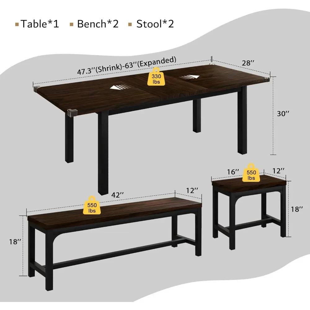 Dining Table Set for 4-8 People, Extendable Kitchen Table Set with 2 Benches and 2 Square Stools