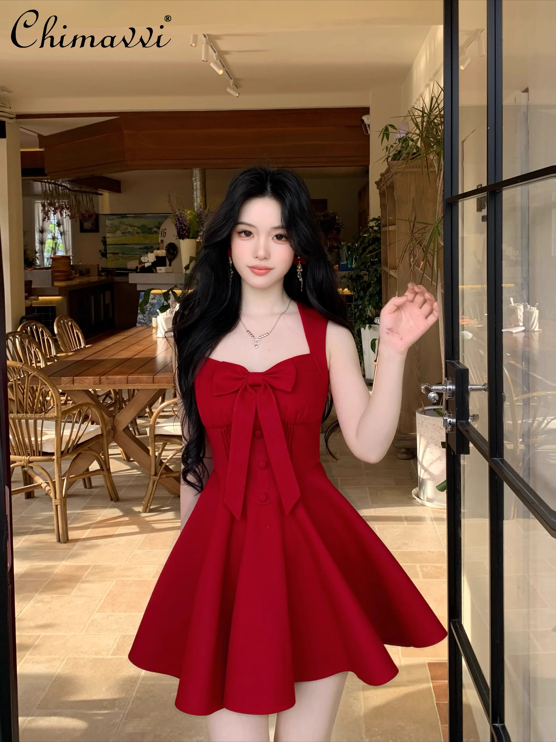 

French Elegant Temperament Red Party Evening Dresses Square Neck Bow Sleeveless High Waist Slim A-line Short Dress Women Summer