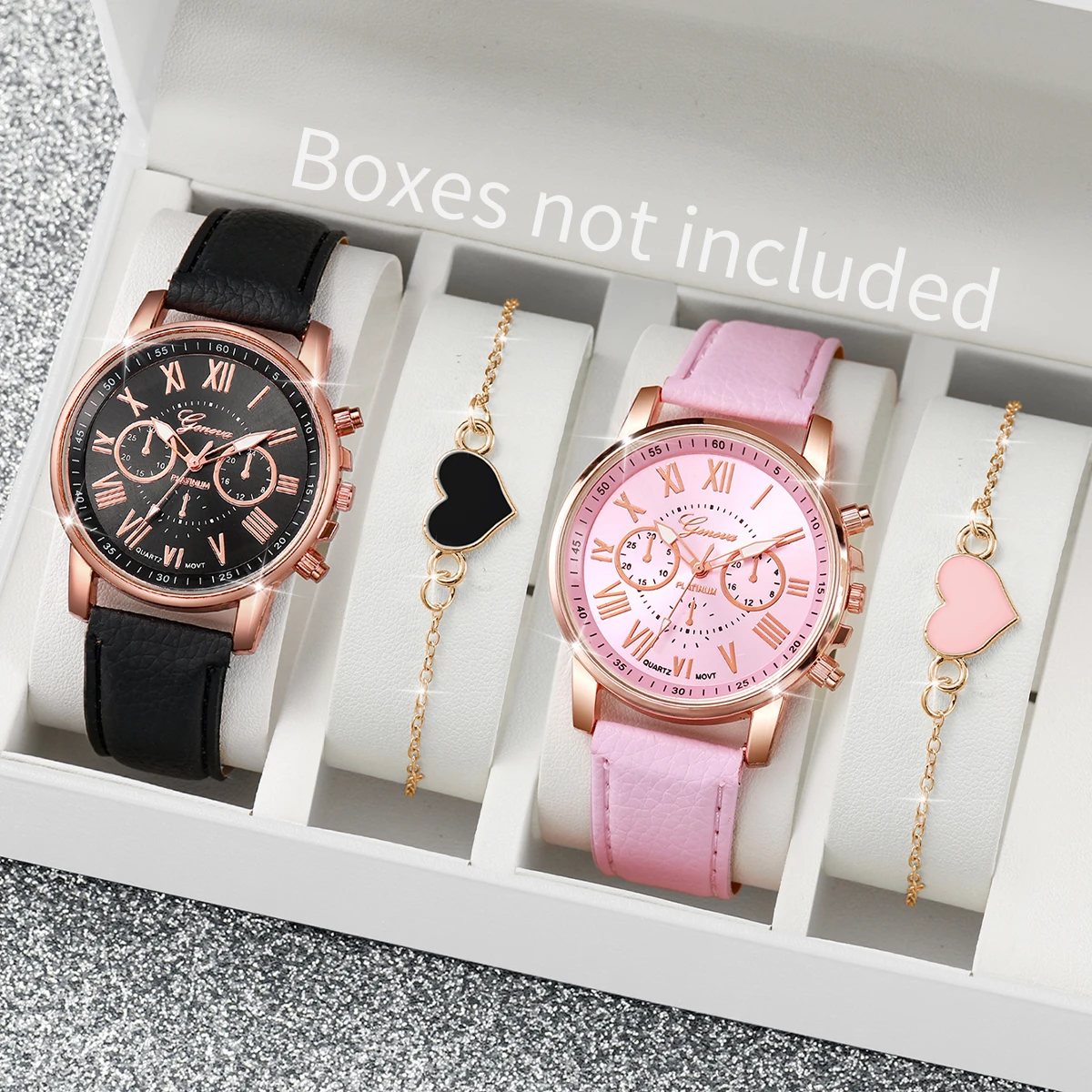 4PCS Fashion Women Watches Simple Roma Dial Quartz Watch Ladies Leather Band Wristwatches Heart Bracelets Set（Without Box）