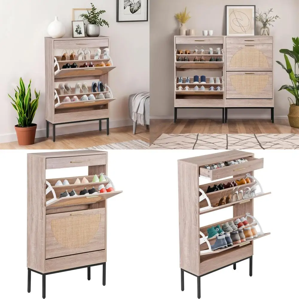 

freestanding rattan shoe storage cabinet with flip drawers and narrow rack for entryway living room