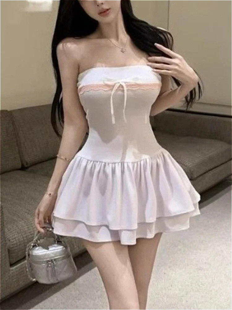 Korean Harajuku Sweet Women Strapless Pink Lace Bow Slim Double Layer Ruffle Mini Dress Summer Daily Dating Party Casual Outfit