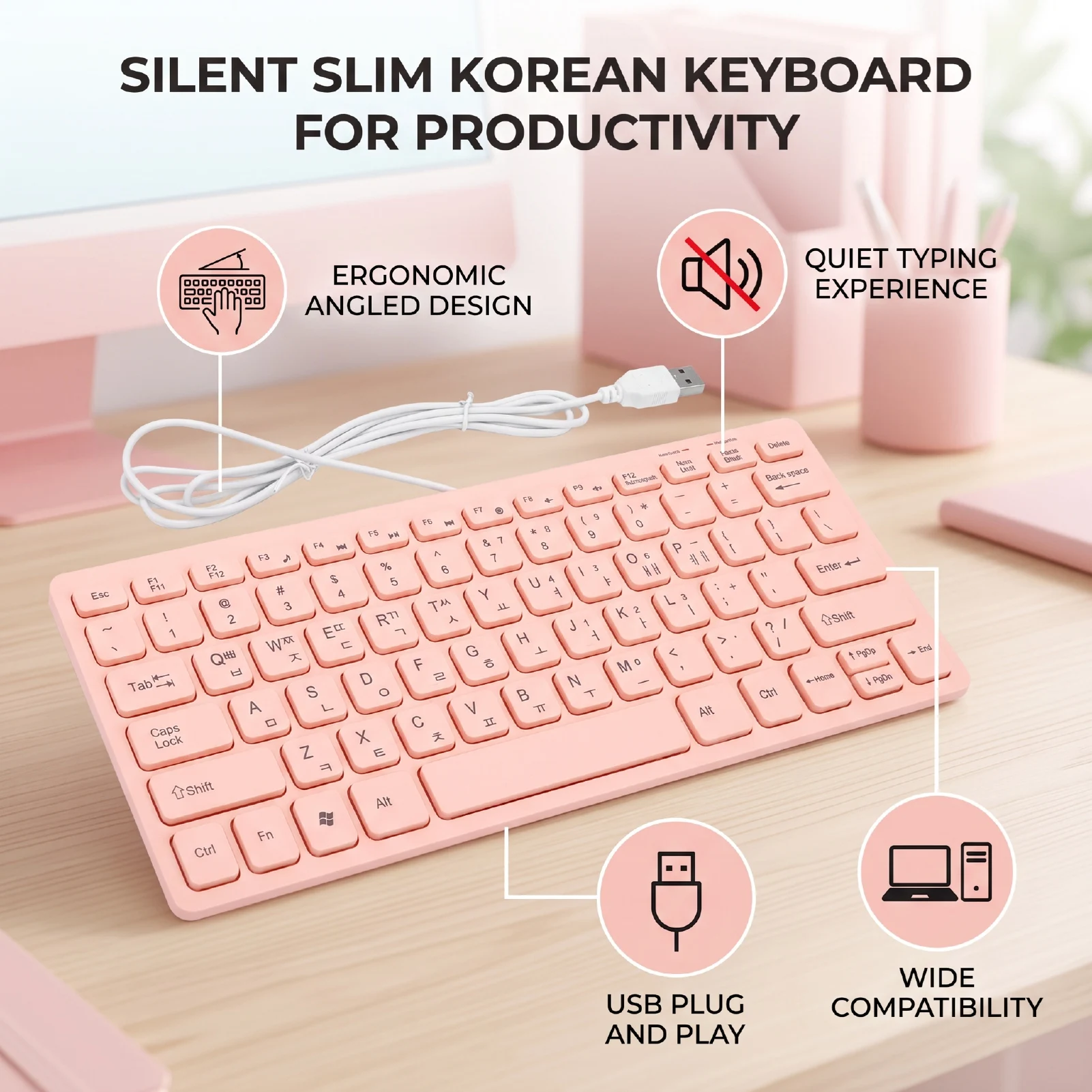 Korean English Keyboard Korean Keyboard USB Wired Silent Slim Hangul Small 78 Keys Keyboard for PC Laptop Pink