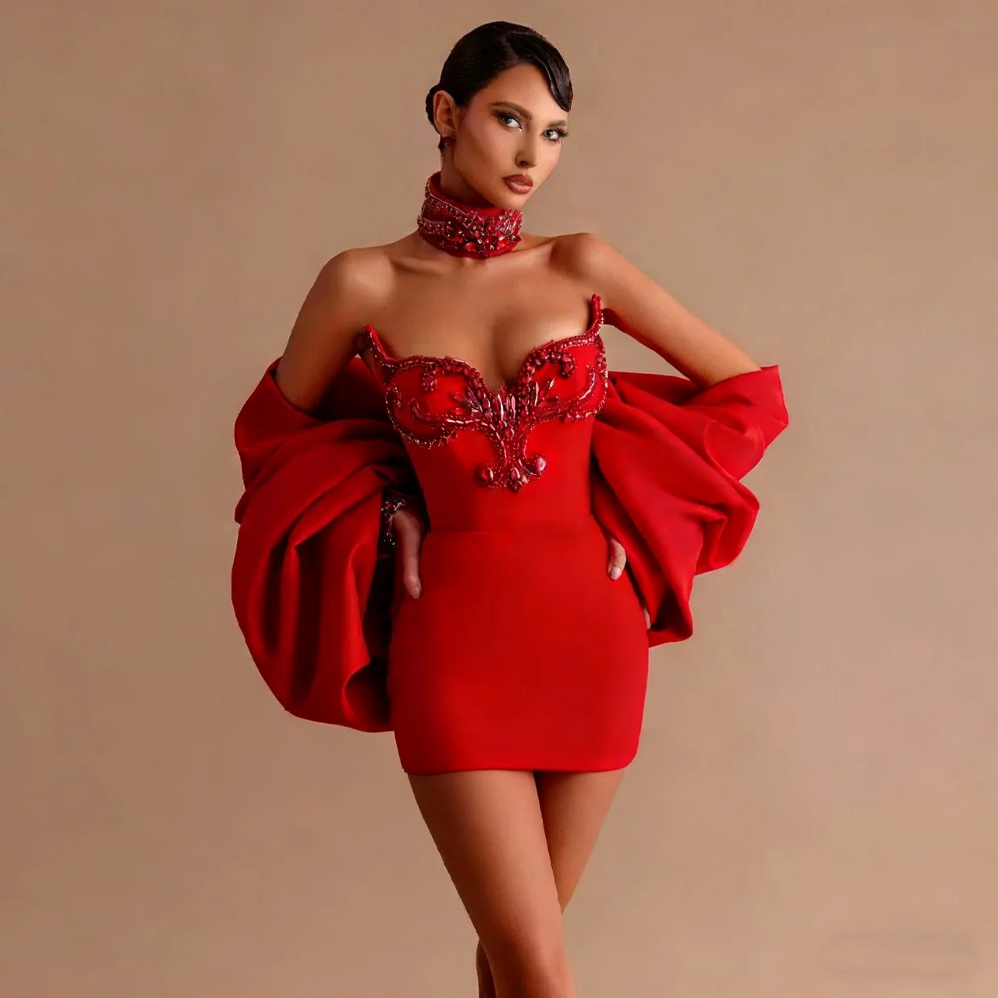 

Fashionable Red Short Evening Dress Graduation Dress Sparkling Beads Sweetheart Sheath Mini Cocktail Party Dress Custom