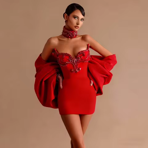 Fashionable Red Short Evening Dress Graduation Dress Sparkling Beads Sweetheart Sheath Mini Cocktail Party Dress Custom