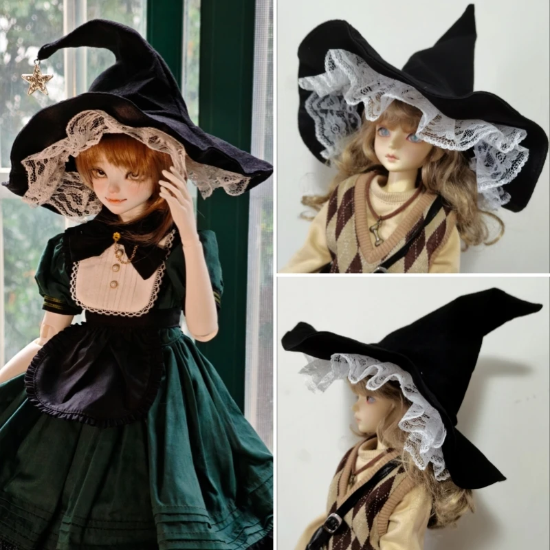 

1/3 1/4 1/6 BJD Doll Witch Magic Hat DIY Handmade Fashion White Lace Black Cap Headwear Cosplay Toys Dress Up Doll Accessories