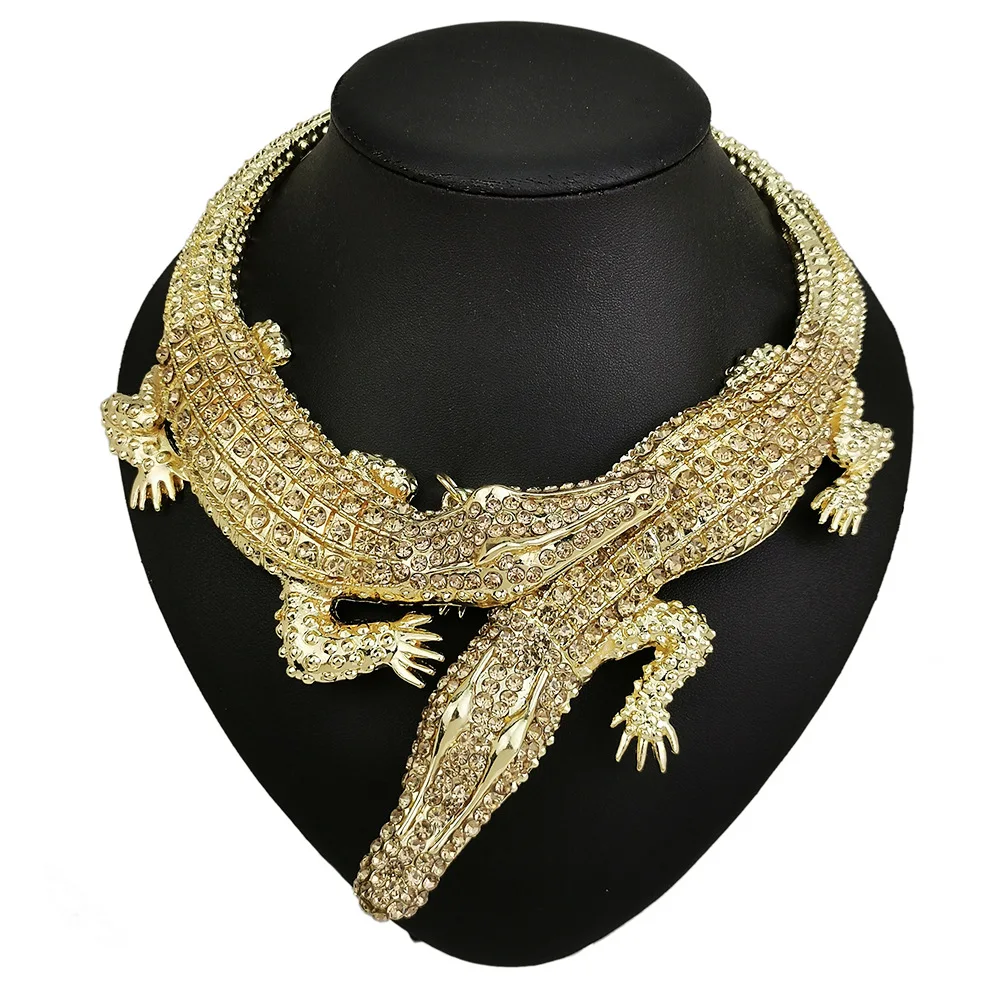 Fashion Heavy Metal Double Crocodile Necklace Women Indian Statement Vintage Big Chunky Large Collar Choker Necklace Jewelry