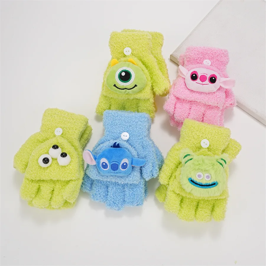 New Anime Stitch Knitted Gloves Kawaii Stitch Half Finger Flip Gloves Warm Outdoor Five Finger Cute Children\'s Gloves