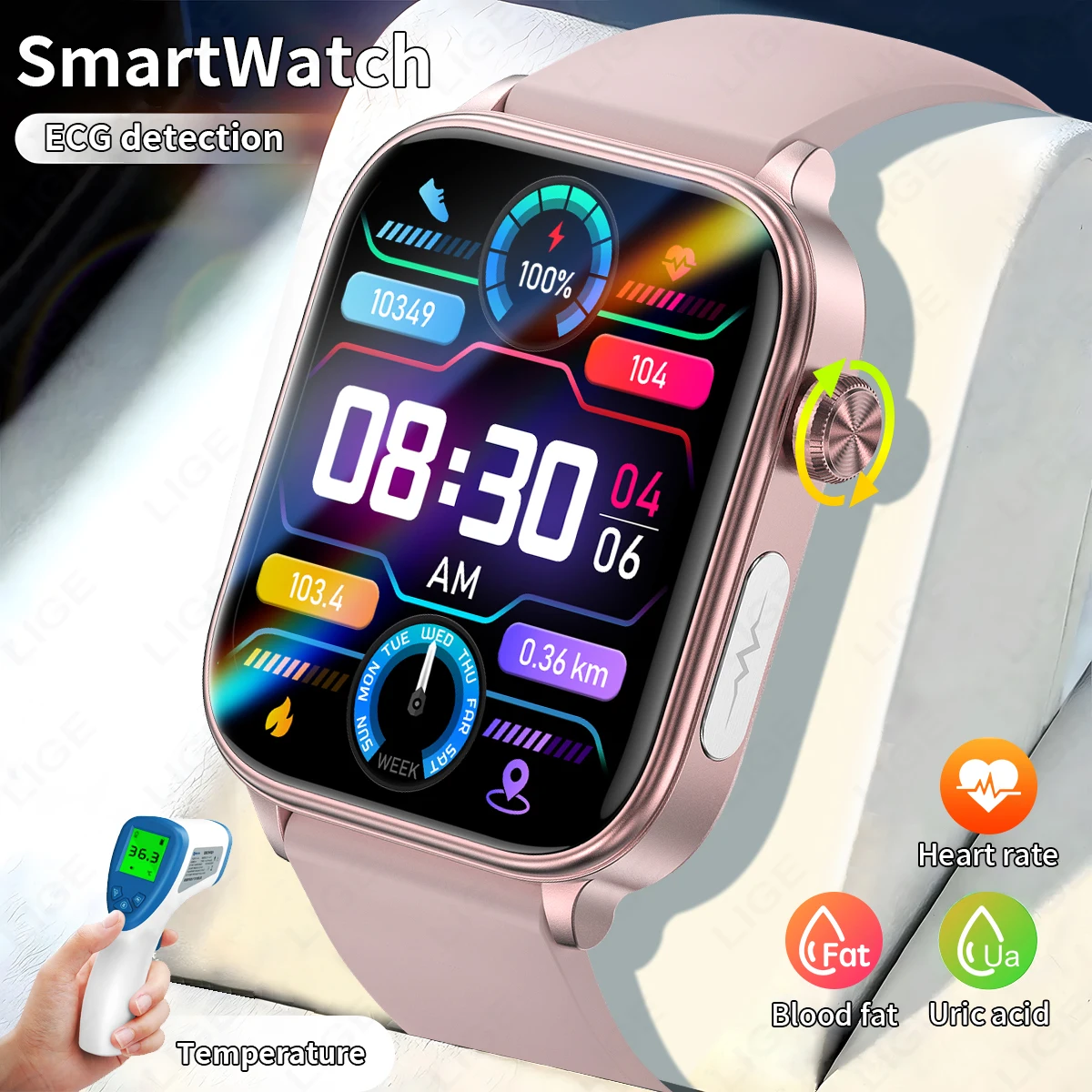 

Умные часы LIGE ECG+PPG для мужчин и женщин с функцией измерения уровня жира в крови, мочевой кислоты, частоты сердечных сокращений, артериального давления, Bluetooth-звонками, новинка 2026 года.