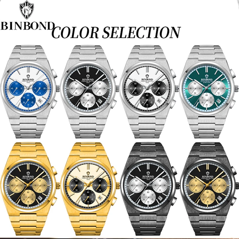 BINBOND Top Brand Luxury Mens Watch Chronograph Luminous Multifunctional Waterproof Business Stainless Steel Fashion Man Watches