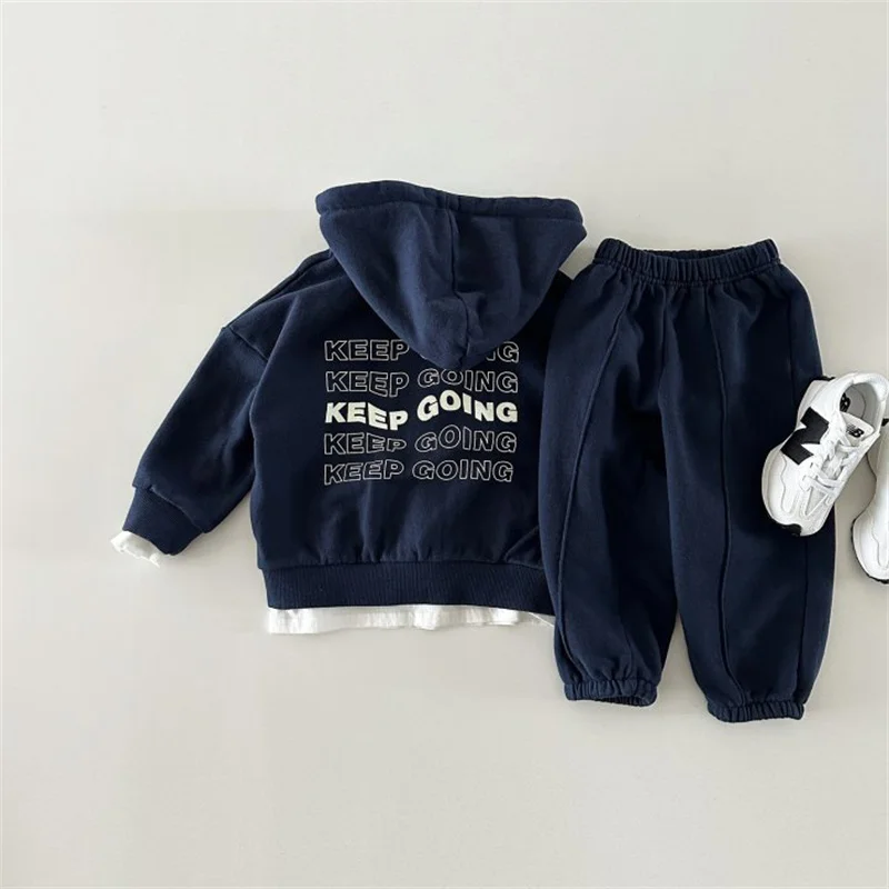 Boys Coat +Pants Kids Suits 2PCS/Set Cotton 2024 Navy Blue Spring Autumn Cotton Jogging Suit Teenagers Christmas Gift Children C