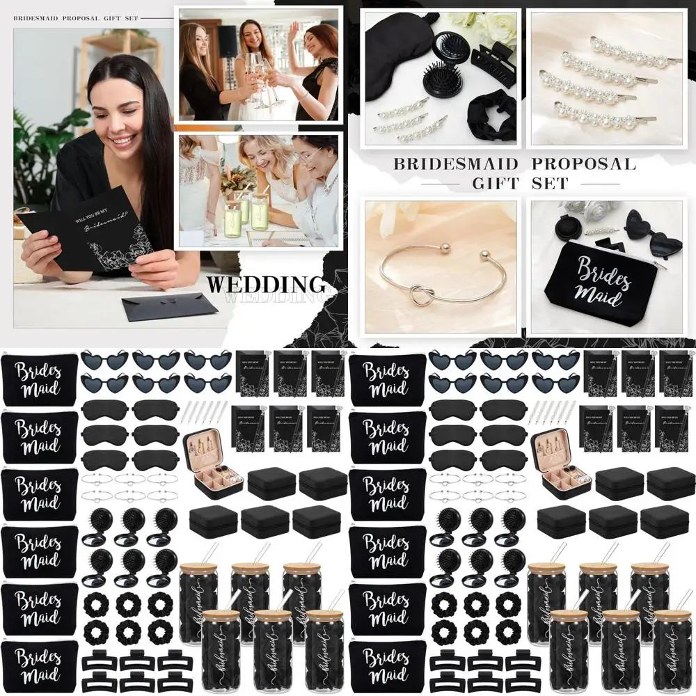 

124-Piece Bridesmaid Proposal Gift Set: 6 Glass Cups, Cosmetic Bag, Invitation Cards, and More for Black-Themed Wedding Parties