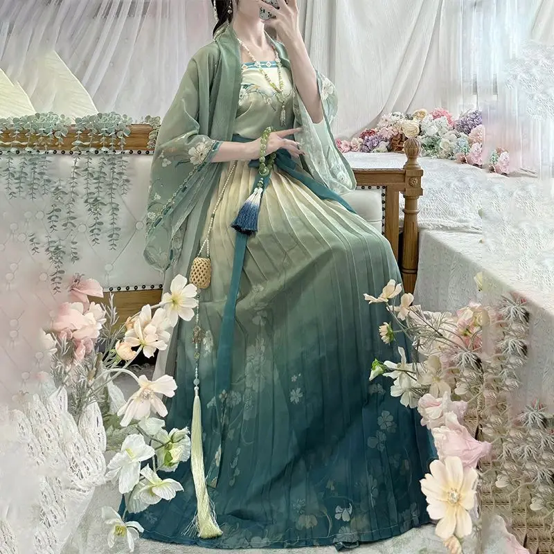 Vestido Hanfu chinês para mulheres, traje cosplay, roupa de festa, verão antigo verde, trajes da dinastia Song, vintage, conjuntos 3pcs