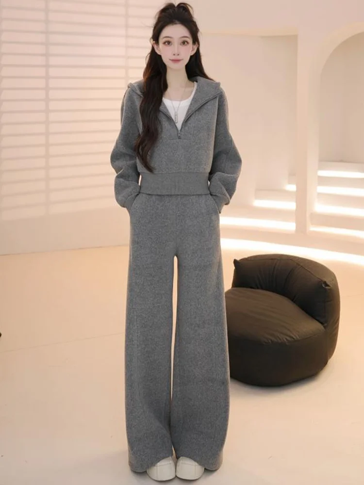 

Gray Fleece Lined Casual Sportswear Set Women's Stylish Anti-Aging Korean Version Sweatshirt Slimming Wide Leg Pants Two-Piec...