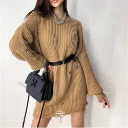 Women's 2022 autumn and winter solid color casual knitted pullover hem ripped loose mid-length sweater