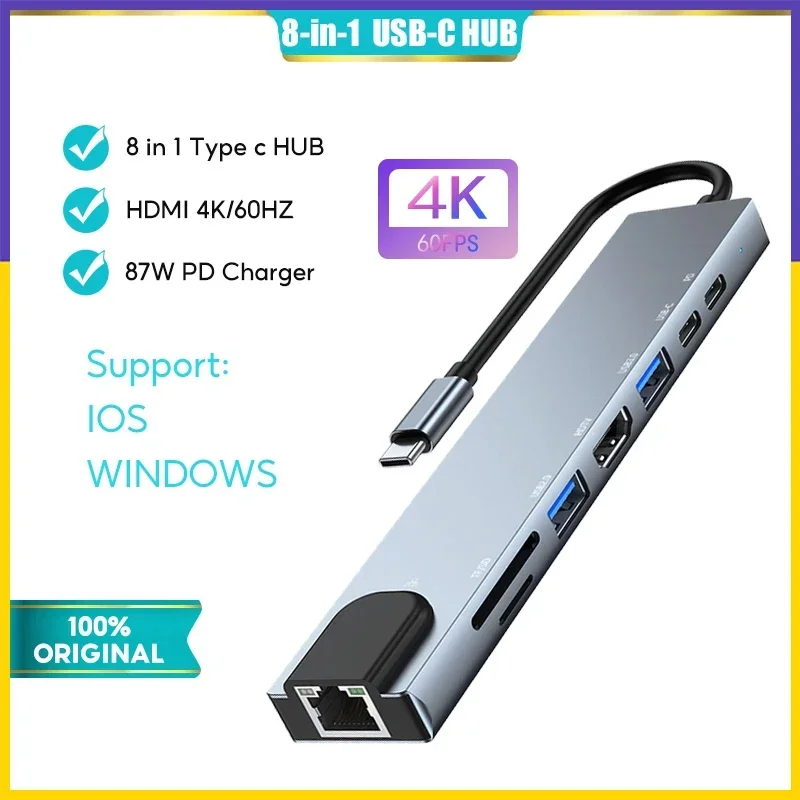 

【 Быстрая доставка】8 в 1 USB C Hub Dongle Ethernet RJ45 HDMI 4K USB3.0 87 Вт PD Адаптер док-станции для быстрой зарядки TF/SD-карты типа C