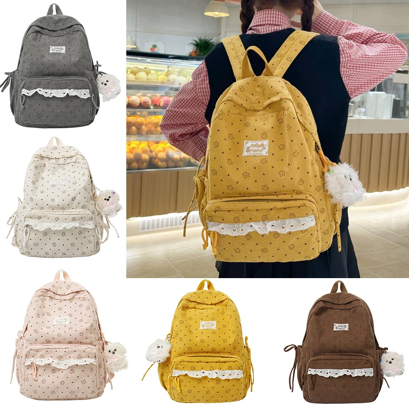 Polka Dot Print Cute Preppy Bag with Plush Pendant Floral Printed Kawaii Backpack Lace Trim Cottagecore Bag for Girls