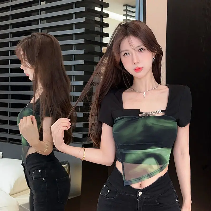 Irregular T-shirts Women Gradient Slim Summer Chic Hotsweet Chain Designed Streetwear Crop Tops Sexy Clubwear New Square Collar