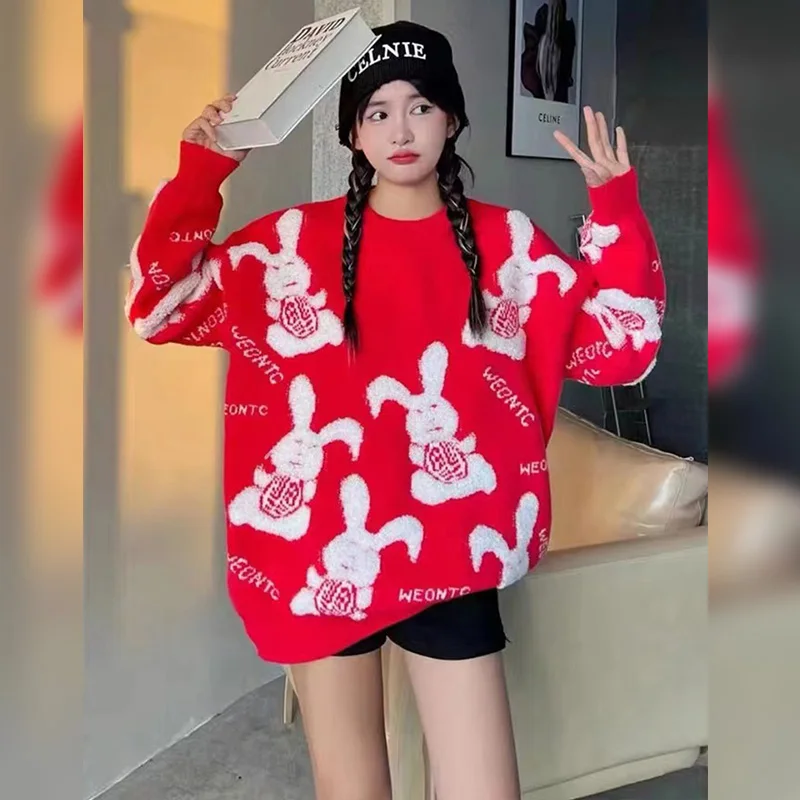 

Теплый свитер с кроликом Thiened, зимняя вязаная одежда большого размера для женщин 25-29 лет, для поездок на работу, Long Sve Mid-L...