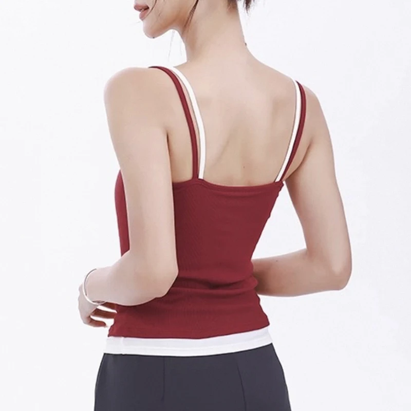 Color-Block Faux Two-Piece Sporty Bralette Ribbed with Built-In Chest Pads Lyocell Vest Backless Outerwear Suitable for Yoga