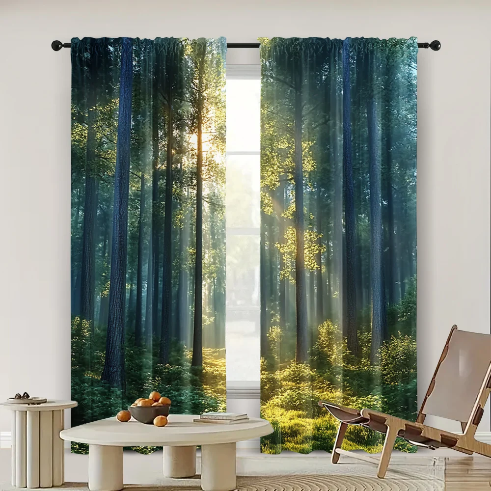 2-piece set, curtains, forest trees, sunshine printed fabric, no electricity spring decoration, very suitable for holiday