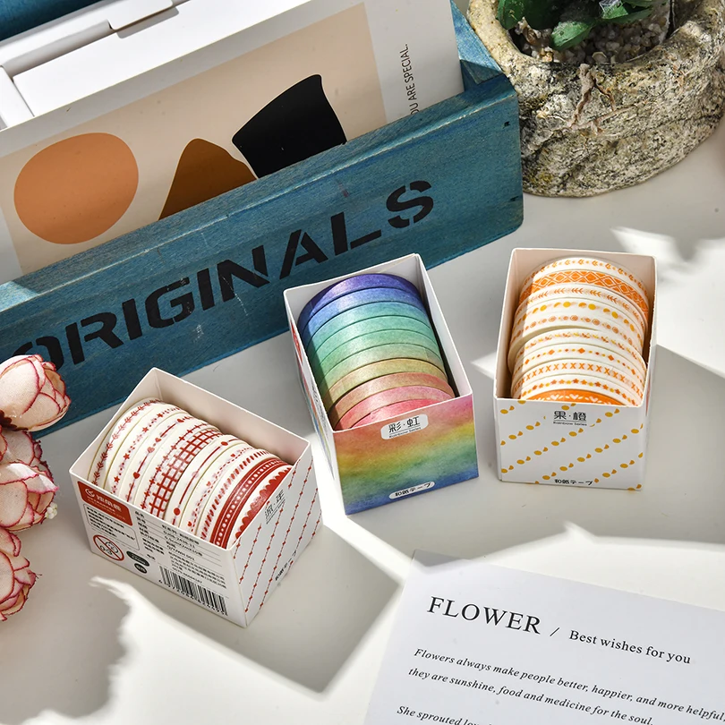 10 rollos de Cinta Washi básica delgada, suministros para álbum de recortes, conjunto de cintas Washi, Cinta adhesiva decorativa de arcoíris, diario, cintas Washi