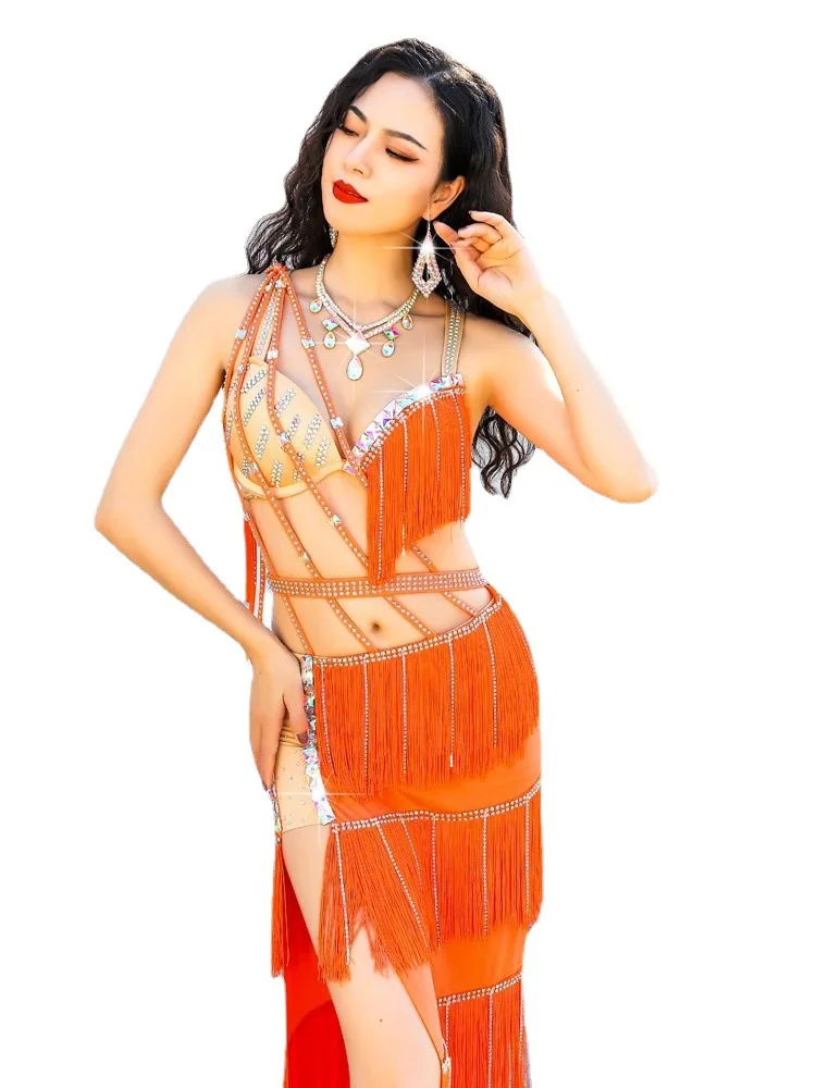 

Opening Dance Women Drum Solo Dance Competition Belly Dance Costume Oriental Dance Beaded Bra Irregular Skirt with Long Fringes