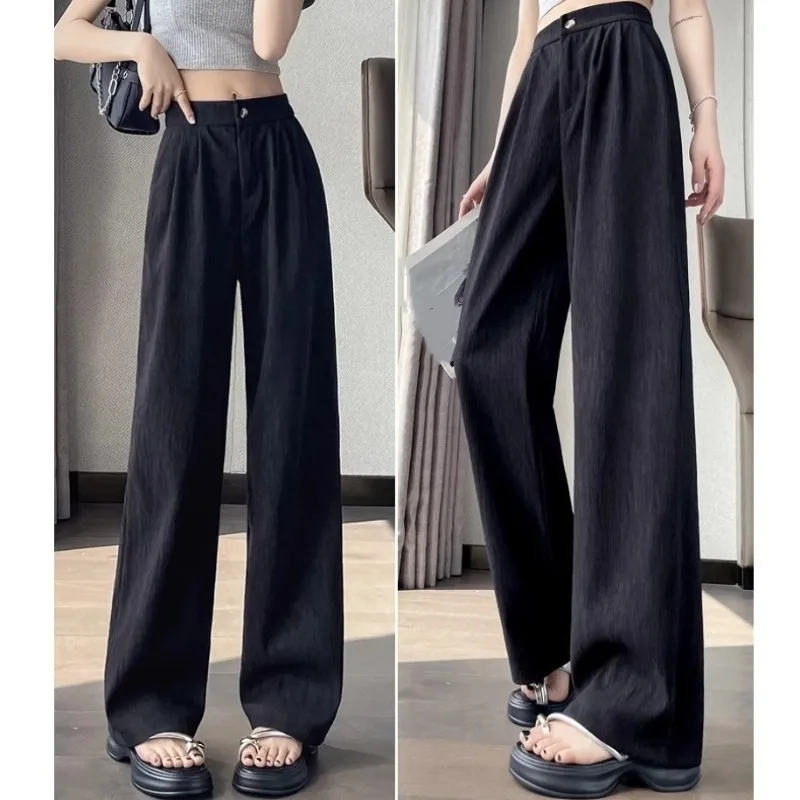 

Корейские повседневные универсальные однотонные широкие брюки женские на пуговицах с высокой талией винтажные женские брюки больших размеров новые модные женские брюки