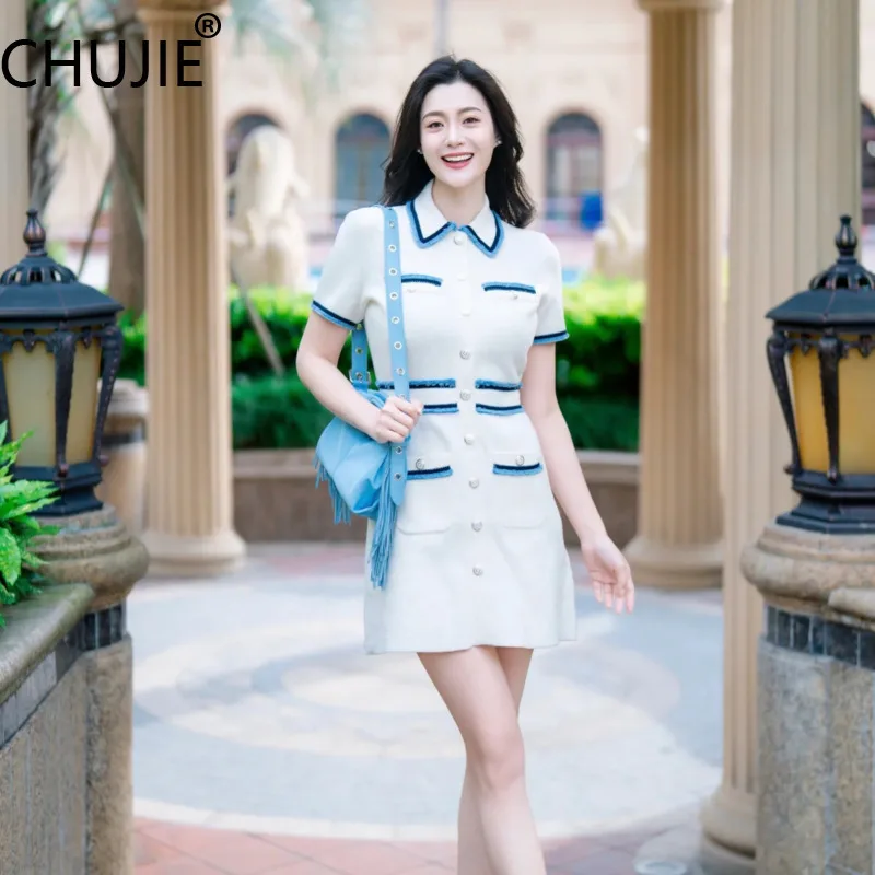 

CHUJIE Women's Summer Dress 2025 New Fashion Style Design Sense Color Contrasting Polo Collar Slimming Age Reducing Dress