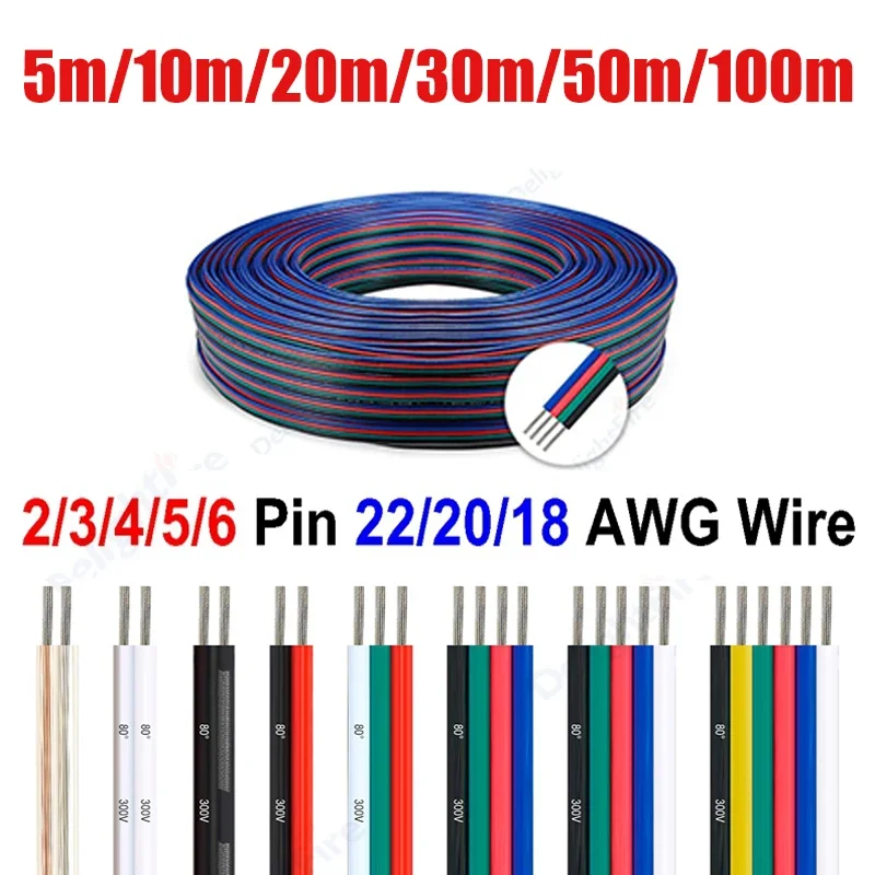 5V 12V Led Extension Electronic Cable 2 3 4 5 6 Pin 22 20 18 AWG Red Black PVC Wire for 5050 RGBW RGB CCT LED Strip Auto Speaker