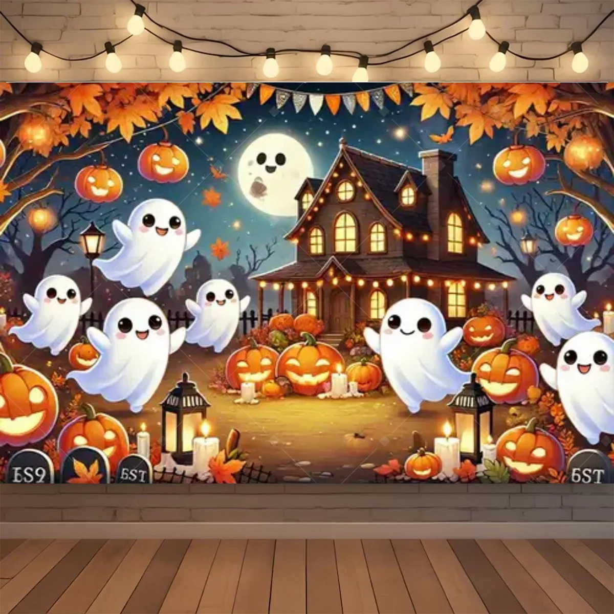 Fröhlicher Halloween-Hintergrund mit Neon-Kürbis, Fledermaus, Totenkopf und Friedhof, Fotografie-Hintergrund, Halloween-Party Fotokulisse, Dekorationsbanner, Geschenk – Detail 4