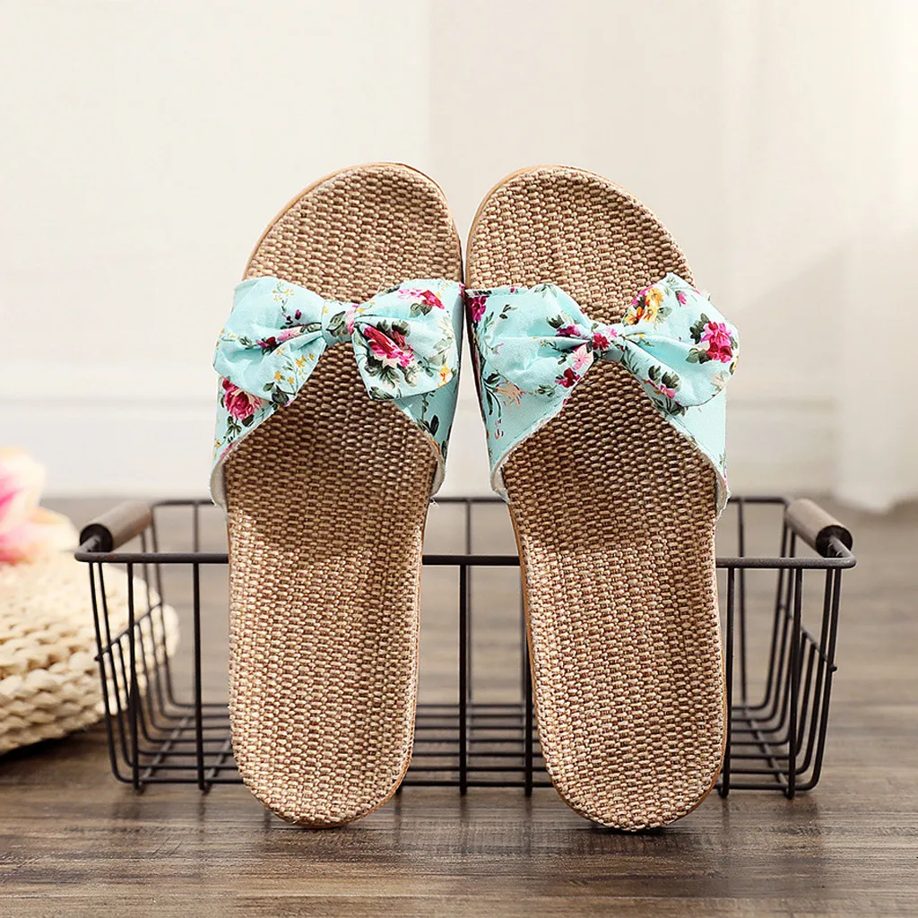 Women Summer Casual Slides Comfortable Flax Slippers Floral Bow Linen Flip Flops Platform Sandals Ladies Indoor Shoes Bohemia