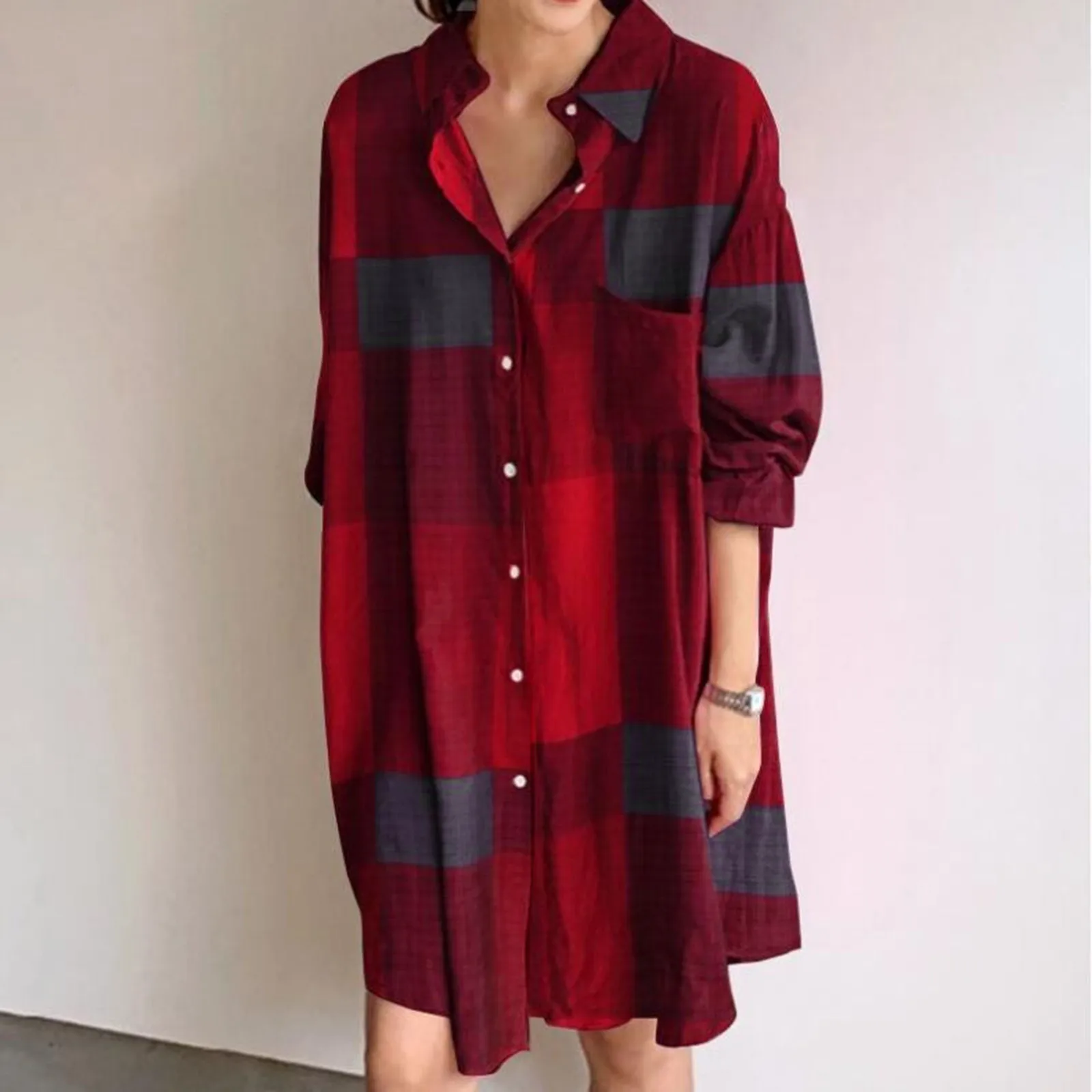 Women\'S Fashion Casual Plaid Print Lapel Single-Breasted Panel Straight Long Sleeve Loose Shirt Dress Vestidos En Oferta Liquida