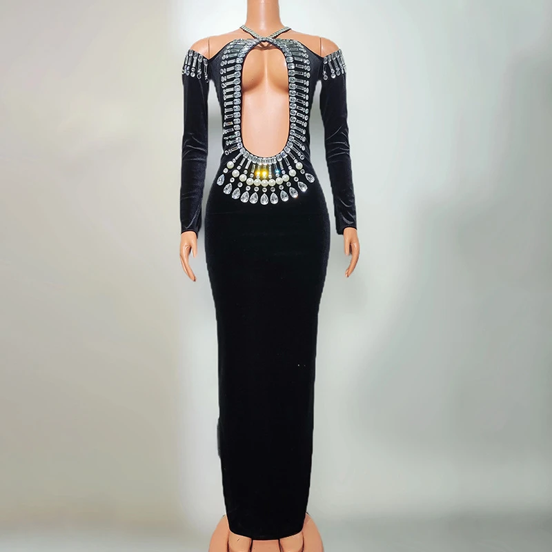 

2025 Women Luxury Designer Sexy Cut Out Long Sleeve Crystal Maxi Long Velvet Dress Celebrity Evening Club Party Gala Gowns