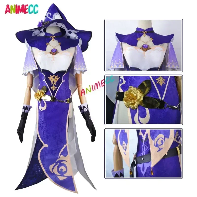 ANIMECC in Stock XS-2XL Lisa Cosplay Genshin Impact Costume Wig Hat  Anime Game Halloween Party Clothes for Women Girls