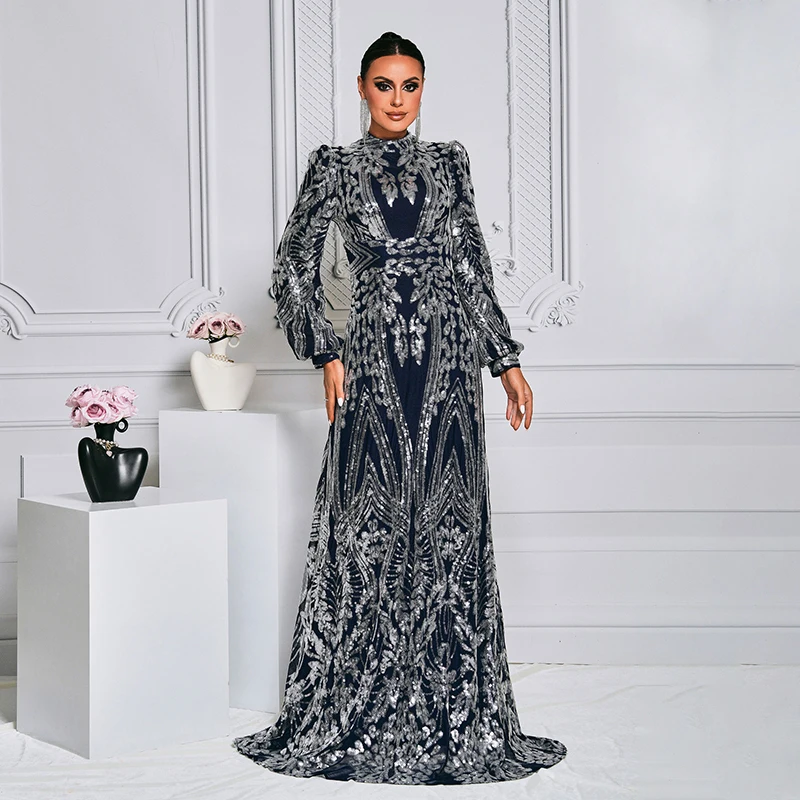 2024 Elegant Women Long Sleeve Silver Sequined Abaya Dubai Luxury Formal Occasion Prom Cocktail Evening Party Maxi dresses