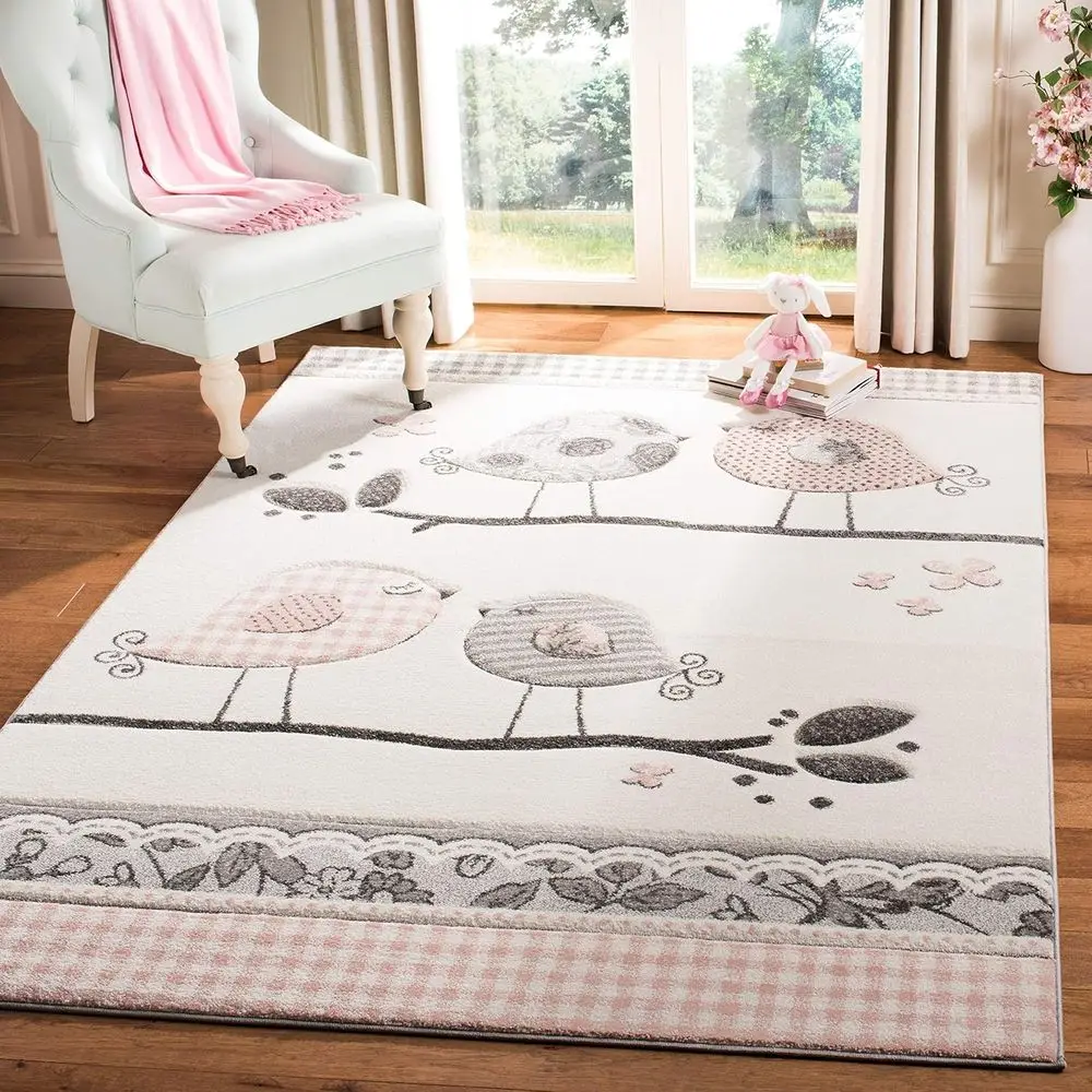 

6'7 Square Kids Area Rug - Pink & Ivory Birds, Non-Shedding, Easy Care for Playroom, Nursery, Bedroom