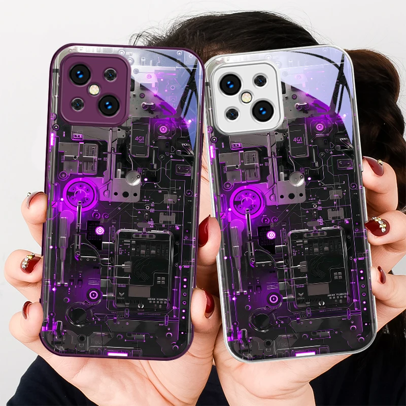 

Purple Light Circuit Board For Find X5 X3 Lite Reno 6 4Z 5G OPPO A72 79 73 58 A54S OnePlus Nord N200 Tempered Glass Phone Case