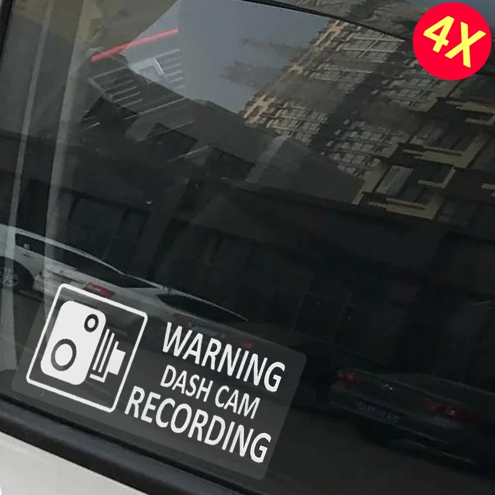 4Pcs Dashcam Warning Vinyl Window Stickers, Small In Car Camera Recording Decals for Taxi Bus Van Lorry Truck Minicab White On