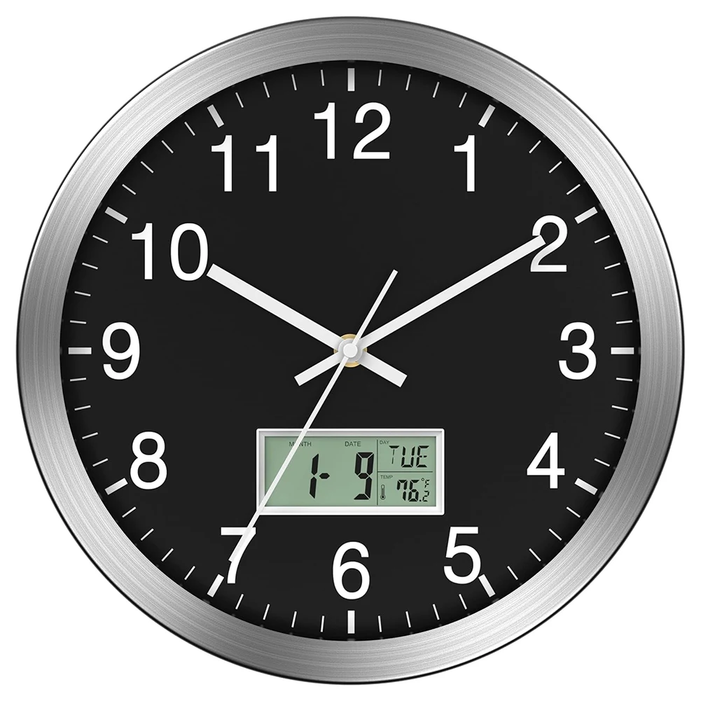 

12Inch Wall Clock With Digital Date, Week & Indoor Temp - Battery Operated Wall Clock, Auto Sets,Easy To Read