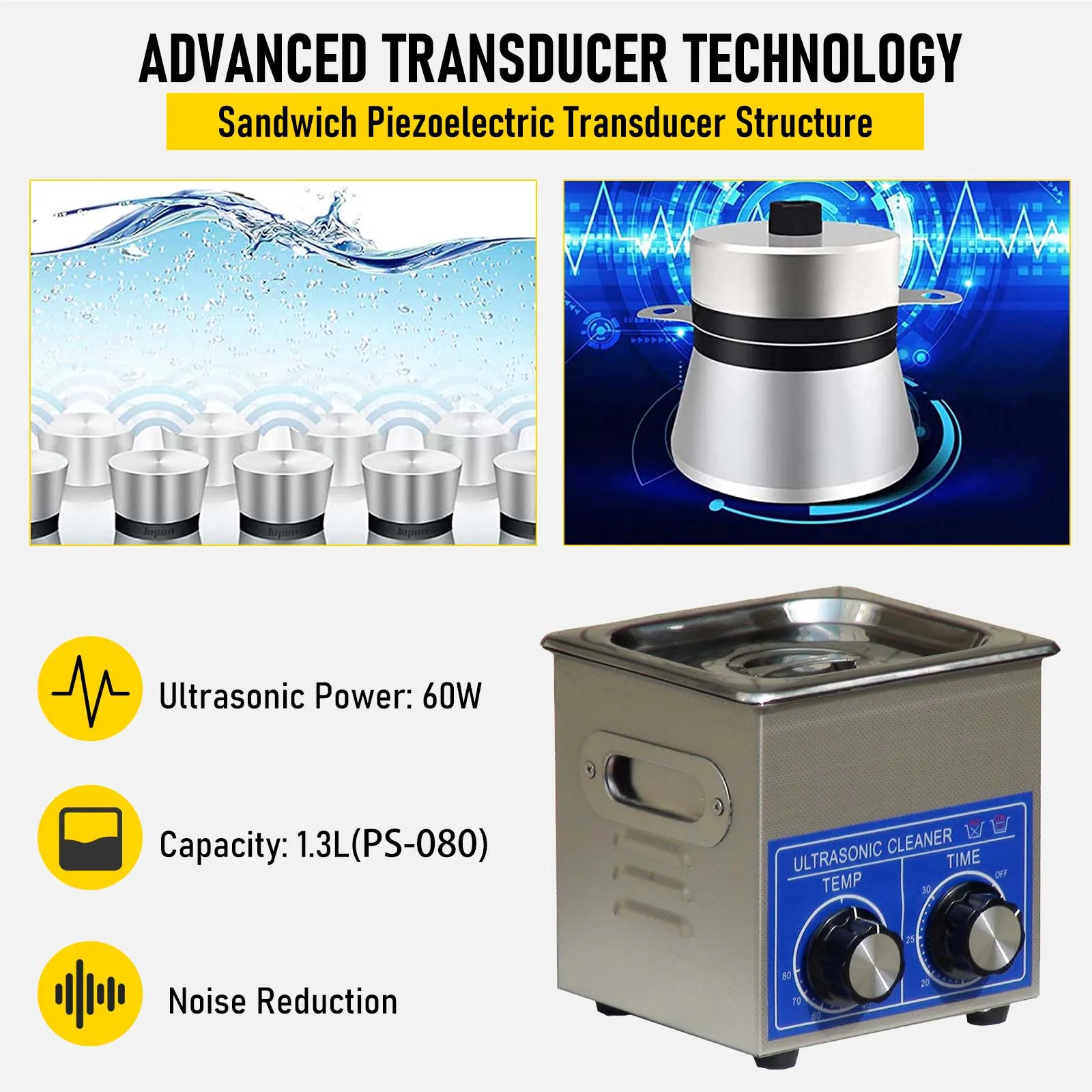 Ultrasonic Cleaner with Heater and Timer, 1.3-2L Professional Ultrasonic Cleaning Machine for Tool Jewelry Watch Glasses etc.