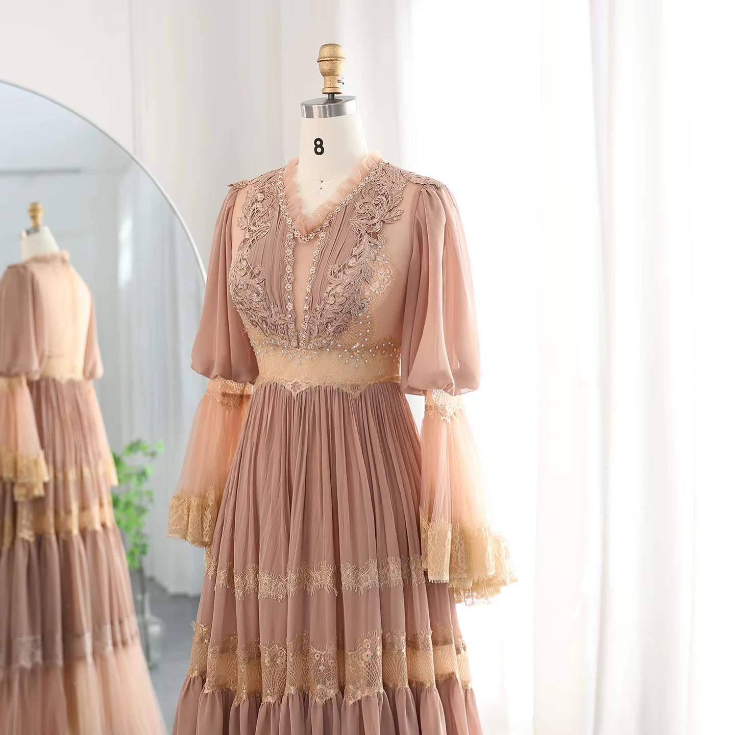 Customized Elegant Peach Lace Muslim Evening Dress Luxury Long Sleeves Arabic Dubai Women Wedding Party Gowns LSZ535 image 4