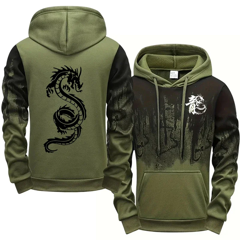 Dragon Printed Hoodies for Men All Season Daily Casual Sporty Pullover 2025 Fashion Ink Splash Design Hooded Sweatshirts