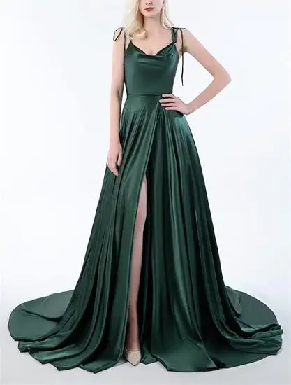 Vestido de fiesta maxi de una línea para mujer, abertura larga, tirantes finos, satén, elegante, sin espalda, vestido de fiesta de noche para gala