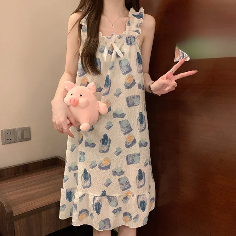Pajamas 2024 Female Summer Sweet Cotton Thin with Bra Pads Suspenders Homewear Wearable Nightgowns Sleepshirts